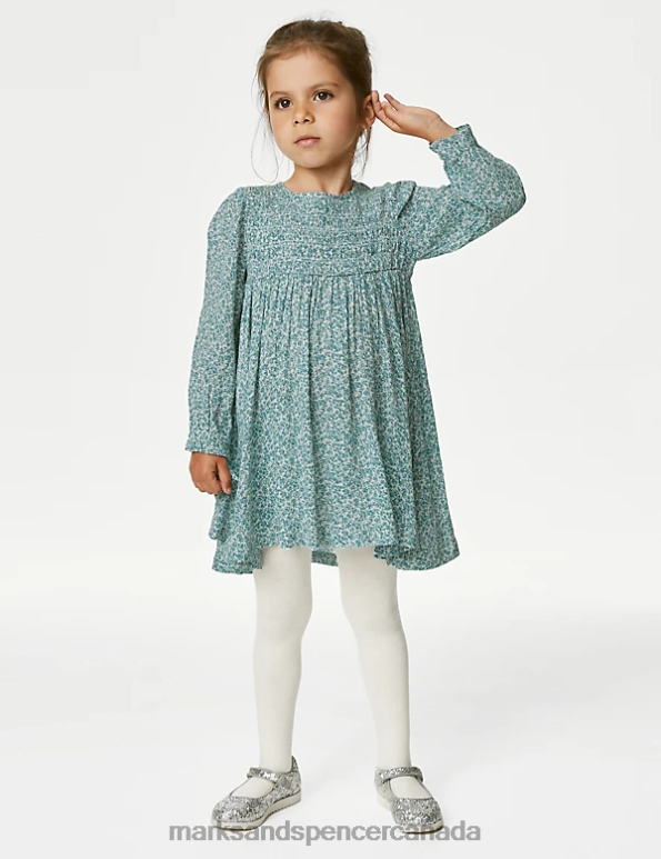 Kids Green Clothing Marks & Spencer 2pc Floral Shirred Dress & Tights Outfit 20VTD8920 - Marks and Spencer Canada locations