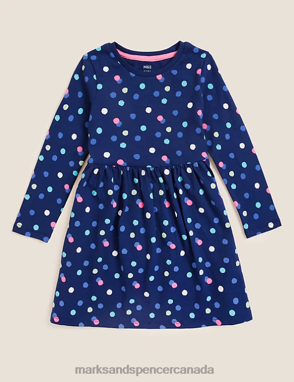 Marks and Spencer Canada - Kids Navy Clothing Marks & Spencer Pure Cotton Spotted Dress 20VTD8989