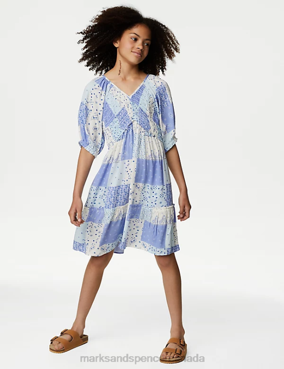 Marks and Spencer sale - Marks & Spencer Kids Patchwork Print Shirred Tiered Dress Clothing Blue Mix 20VTD9152