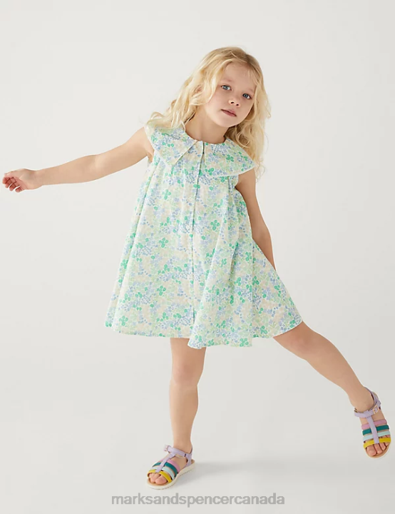 Marks & Spencer Kids Pure Cotton Floral Dress Clothing Green Mix 20VTD9025 - Marks and Spencer Canada locations