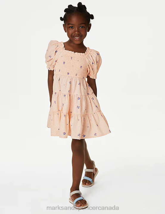 Marks and Spencer Canada - Marks & Spencer Kids Pure Cotton Floral Shirred Tiered Dress Clothing Light Peach 20VTD9120