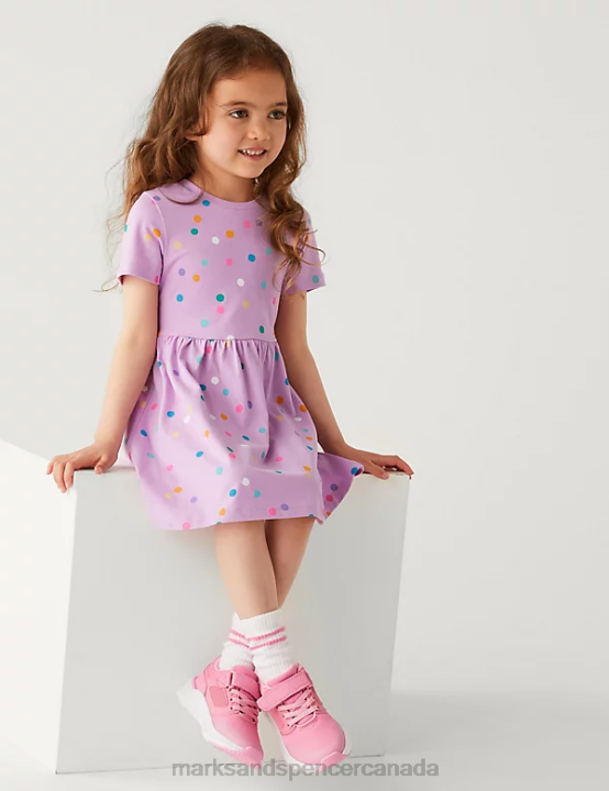 Marks and Spencer Canada - Marks & Spencer Kids Pure Cotton Spotted Dress Clothing Lilac 20VTD9075