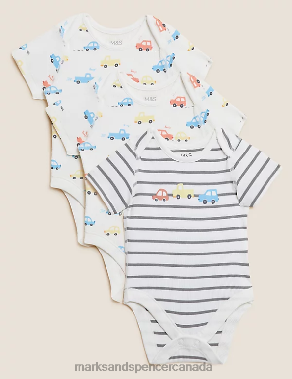 Kids Cream Mix Clothing Marks & Spencer 3pk Cotton Rich Transport Bodysuits 20VTD7269 - Marks and Spencer online