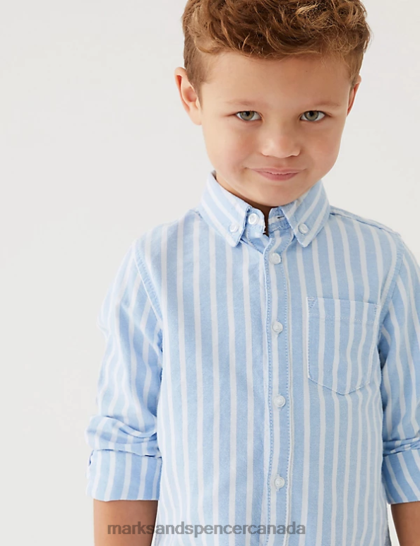 Kids Blue Mix Clothing Marks & Spencer Pure Cotton Striped Oxford Shirt 20VTD8379 - Marks and Spencer Canada locations