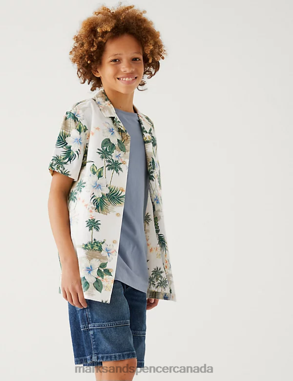 Kids Ecru Mix Clothing Marks & Spencer Pure Cotton Hawaiian Print Shirt 20VTD8539 - Marks and Spencer Canada locations