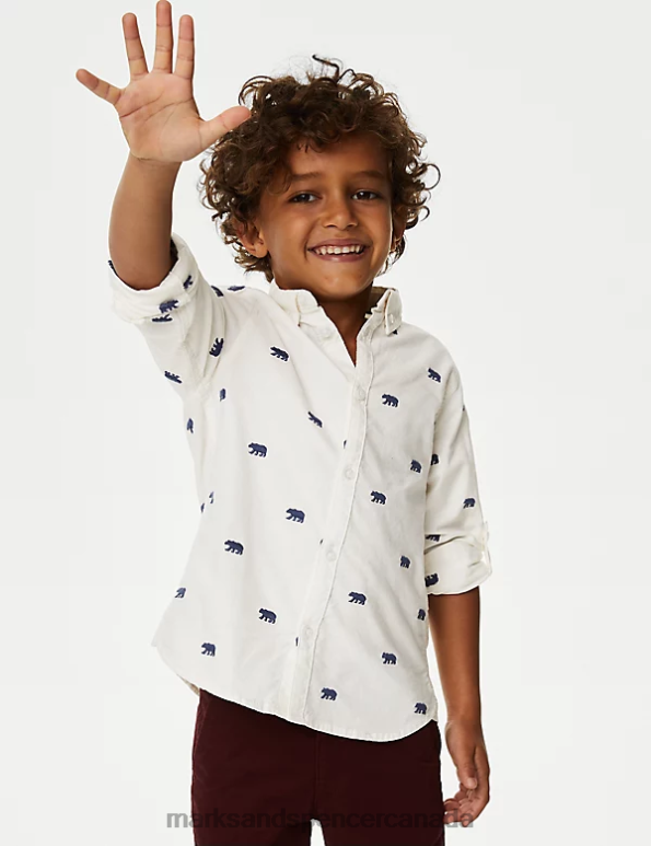 Kids White Mix Clothing Marks & Spencer Pure Cotton Bear Embroidered Oxford Shirt 20VTD7934 - Marks and Spencer Canada locations