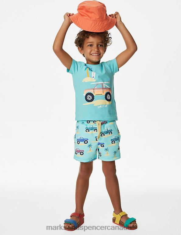 Kids Aqua Mix Clothing Marks & Spencer Cotton Rich Beach Buggy Print Shorts 20VTD8159 - Marks and Spencer outlet