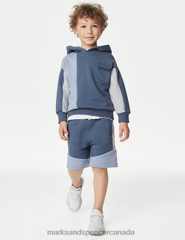 Marks and Spencer sale - Kids Blue Mix Clothing Marks & Spencer Cotton Rich Colour Block Hoodie & Shorts Set 20VTD8342