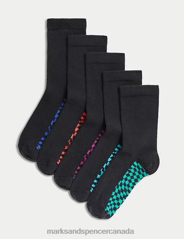 Marks and Spencer Canada - Kids Black Mix Clothing Marks & Spencer 5pk Cotton Rich Checkerboard School Socks 20VTD7836