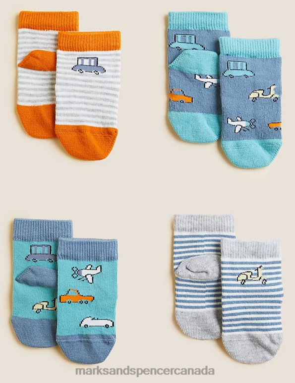 Marks and Spencer sale - Kids Multi Clothing Marks & Spencer 4pk Cotton Rich Transport Print Socks 20VTD8471