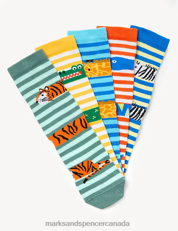 Marks and Spencer sale - Kids Multi Clothing Marks & Spencer 5pk Cotton Rich Animal Striped Socks 20VTD7861