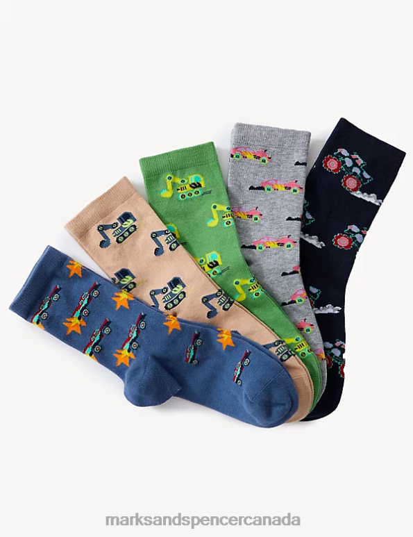 Kids Multi Clothing Marks & Spencer 5pk Cotton Rich Transport Socks 20VTD7832 - Marks and Spencer Canada locations