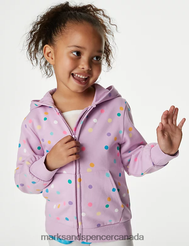 Marks and Spencer Canada - Clothing 20VTD9655 Lilac Kids Marks & Spencer Cotton Rich Spotted Zip Hoodie