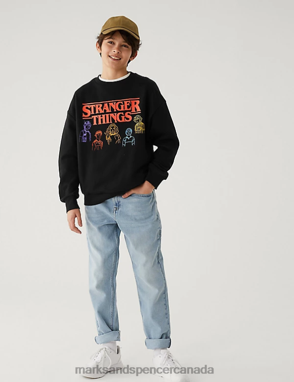 Kids Black Clothing Marks & Spencer Cotton Rich Stranger Things Sweatshirt 20VTD8173 - Marks and Spencer Canada locations