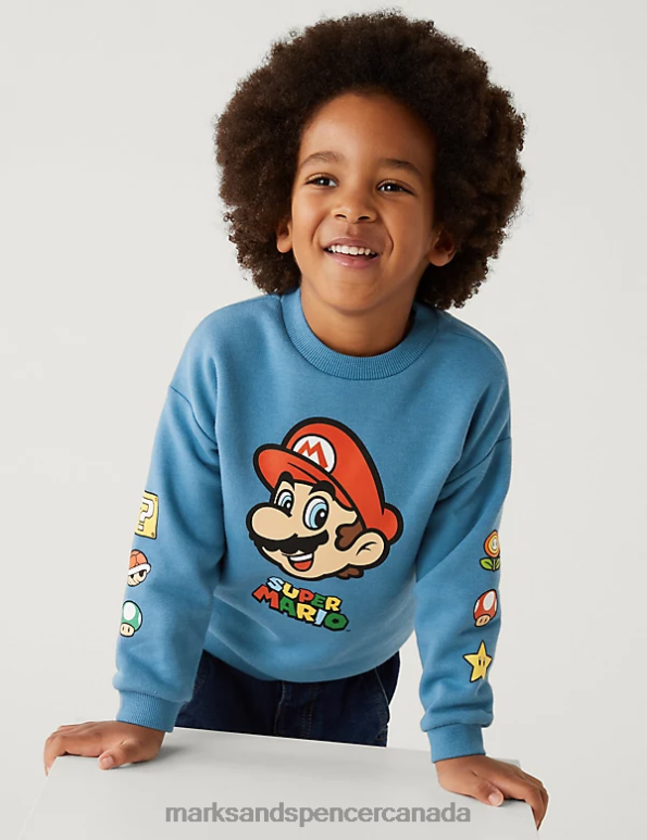 Kids Blue Clothing Marks & Spencer Cotton Rich Super Mario Sweatshirt 20VTD7897 - Marks and Spencer Canada locations