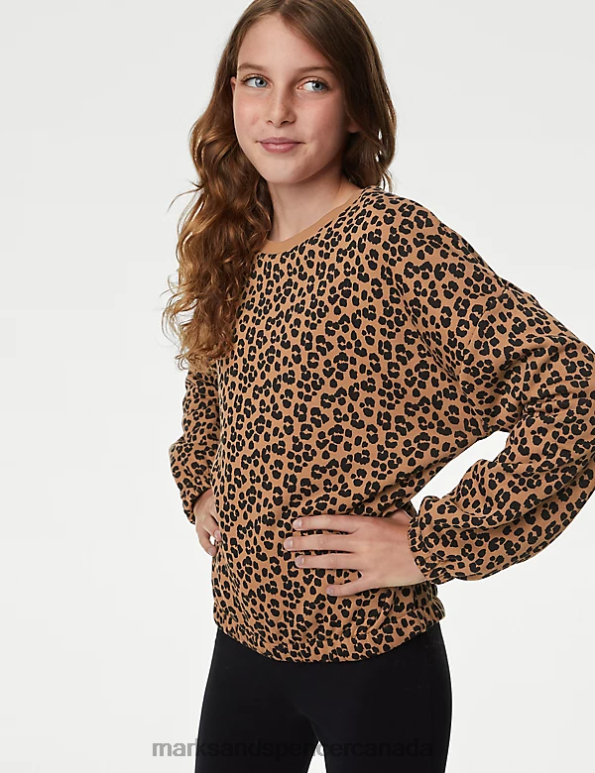 Kids Brown Mix Clothing Marks & Spencer Cotton Rich Leopard Print Sweatshirt 20VTD8803 - Marks and Spencer Canada locations