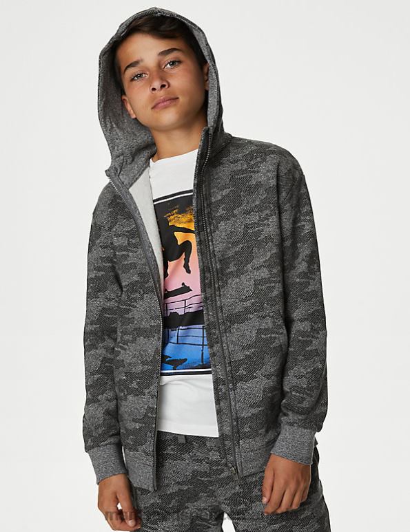 Marks and Spencer Canada - Kids Charcoal Mix Clothing Marks & Spencer Cotton Rich Patterned Zip Hoodie 20VTD8240