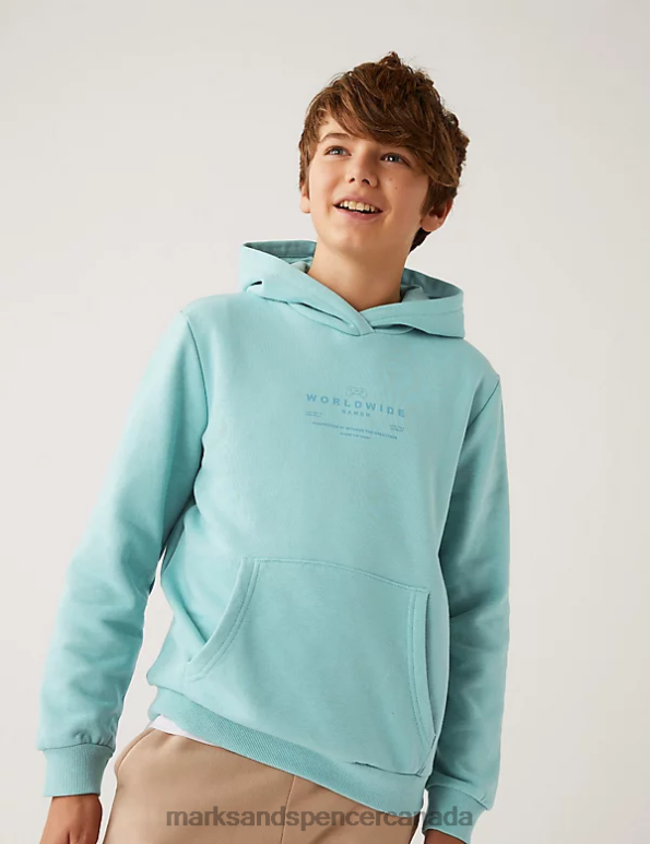 Kids Dusted Aqua Clothing Marks & Spencer Cotton Rich Gamer Slogan Hoodie 20VTD8455 - Marks and Spencer outlet