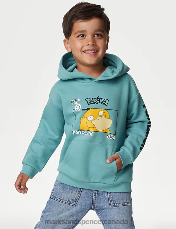 Kids Dusted Aqua Clothing Marks & Spencer Cotton Rich Pokemon Hoodi 20VTD7902 - Marks and Spencer outlet