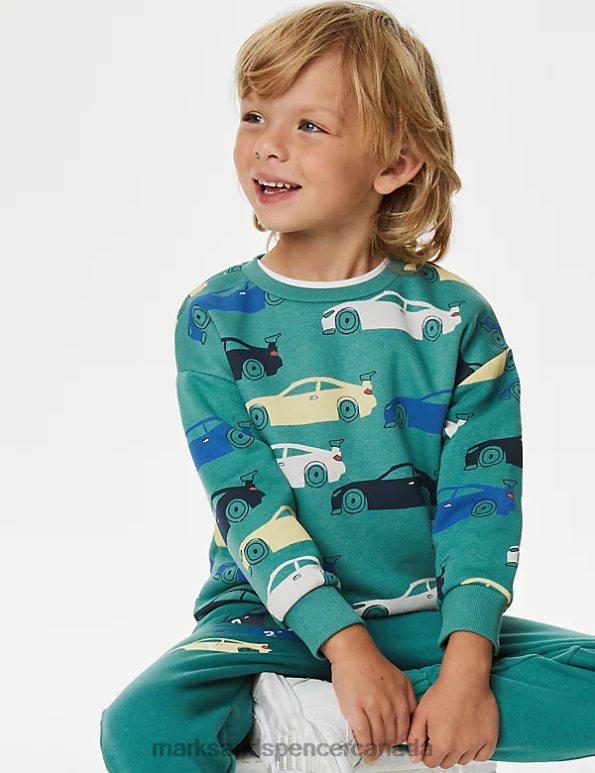 Marks and Spencer near me - Kids Green Mix Clothing Marks & Spencer Cotton Rich Transport Sweatshirt 20VTD7805