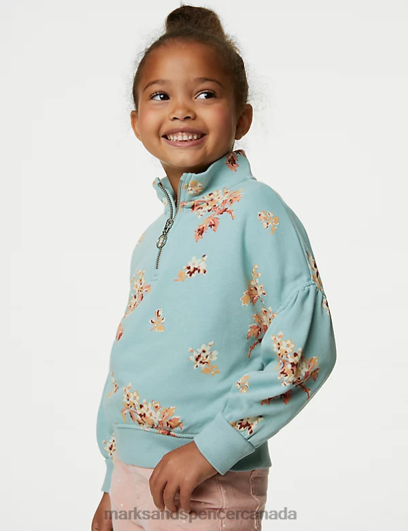 Marks and Spencer Canada - Kids Light Teal Clothing Marks & Spencer Cotton Rich Floral Zip Sweatshirt 20VTD8807