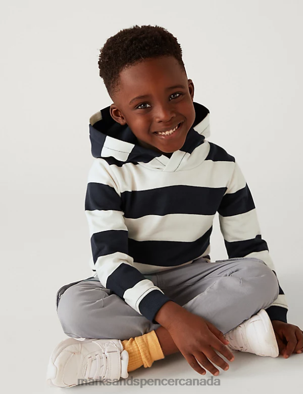 Marks and Spencer Canada - Kids Navy Mix Clothing Marks & Spencer Pure Cotton Striped Hoodie 20VTD8077