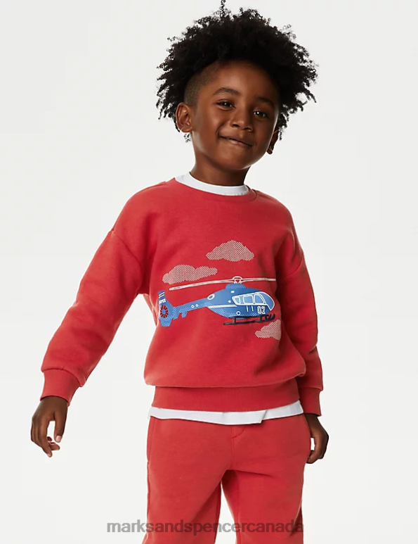 Kids Red Mix Clothing Marks & Spencer Cotton Rich Helicopter Sweatshirt 20VTD7802 - Marks and Spencer outlet