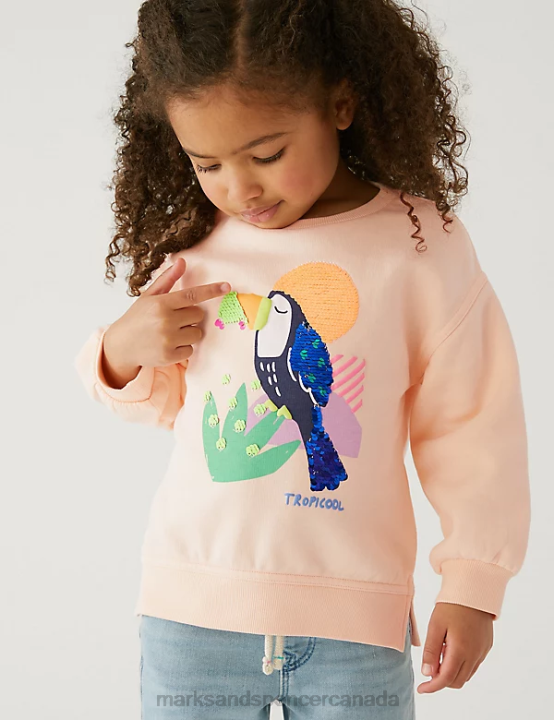 Marks and Spencer sale - Marks & Spencer Kids Cotton Rich Sequin Tropical Sweatshirt Clothing Peach 20VTD9158