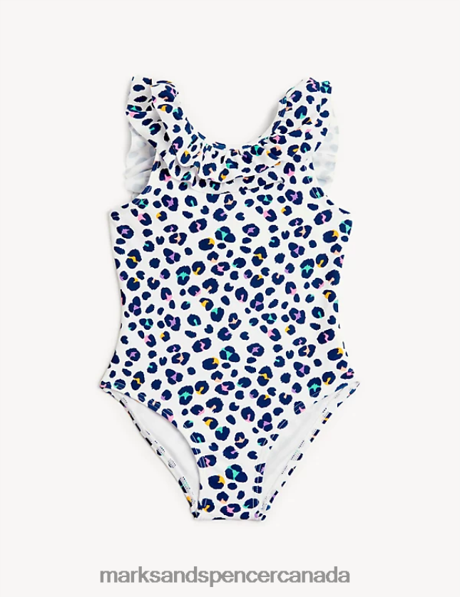 Clothing 20VTD9827 White Mix Kids Marks & Spencer Leopard Print Frill Swimsuit - Marks and Spencer online