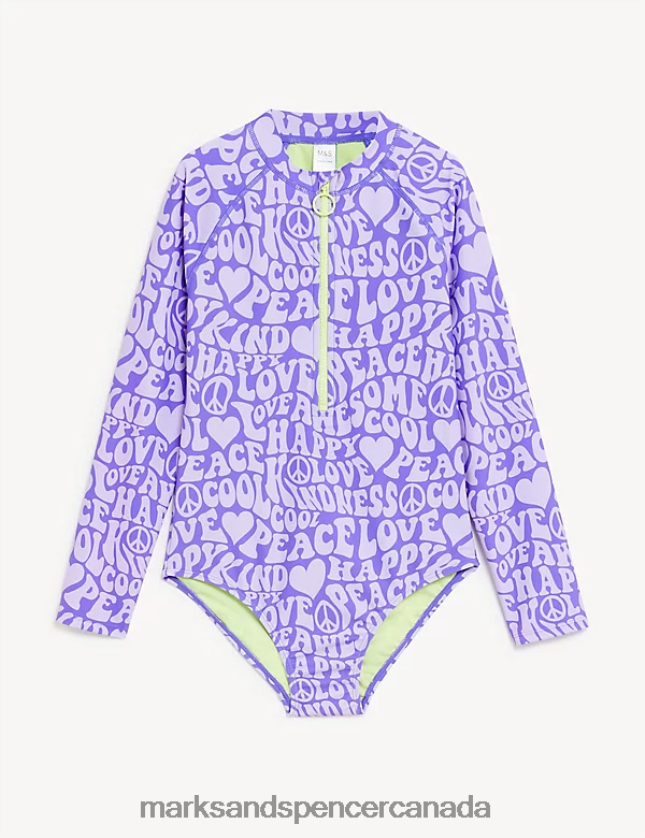 Clothing 20VTD9911 Purple Kids Marks & Spencer Retro Print Long Sleeve Swimsuit - Marks and Spencer outlet