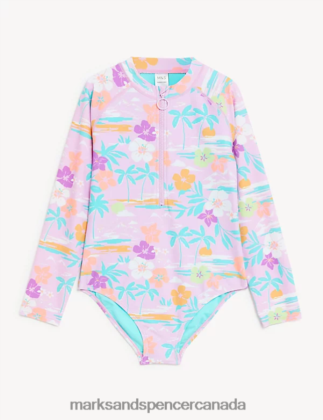 Marks and Spencer Canada - Clothing 20VTD9913 Lilac Kids Marks & Spencer Tropical Long Sleeve Swimsuit