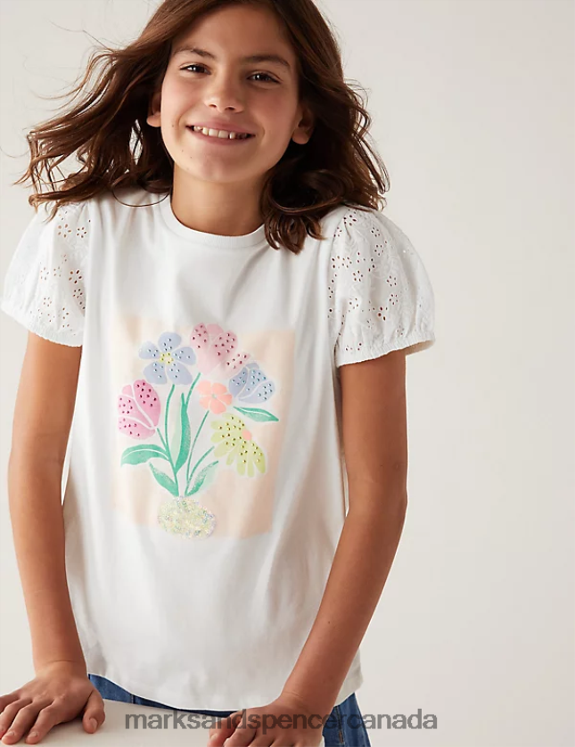 Clothing 20VTD9187 White Kids Marks & Spencer Pure Cotton Floral T-Shirt - Marks and Spencer outlet