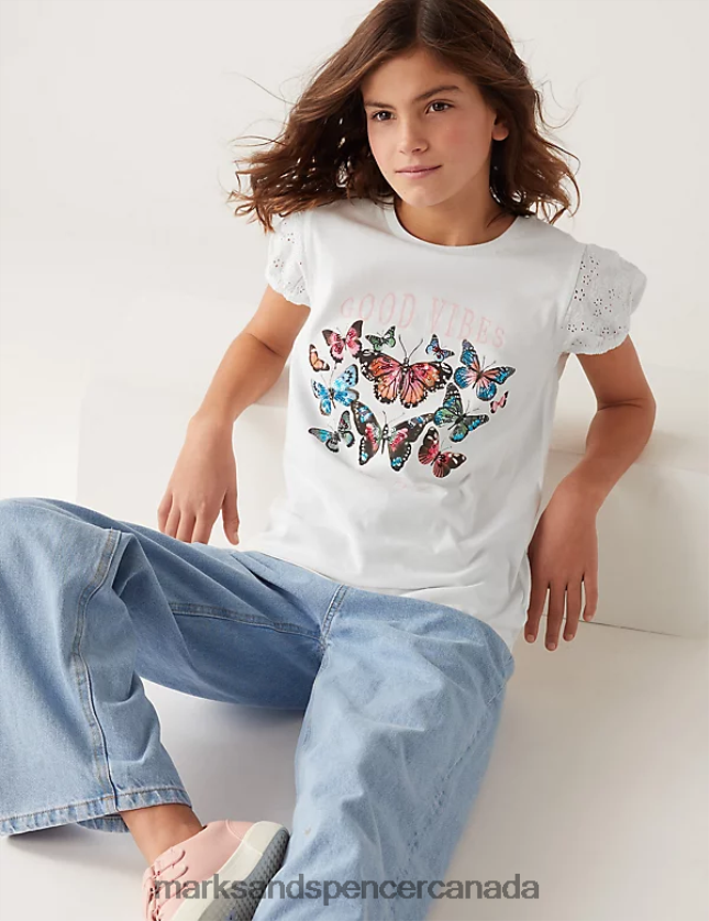 Marks and Spencer sale - Clothing 20VTD9676 White Kids Marks & Spencer Pure Cotton Butterfly Sequin T-Shirt