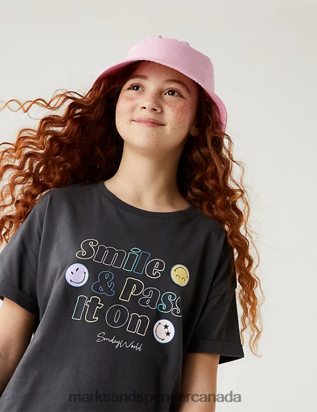 Clothing 20VTD9910 Charcoal Kids Marks & Spencer Pure Cotton SmileyWorld Slogan T-Shirt - Marks and Spencer online