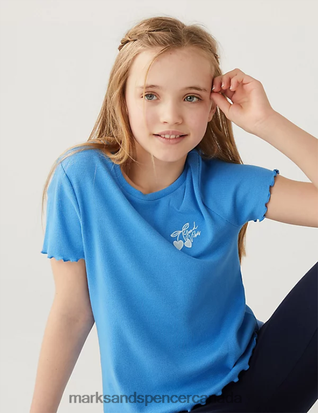 Clothing 20VTD9941 Blue Kids Marks & Spencer Cotton Rich Embroidered Ribbed T-Shirt - Marks and Spencer outlet