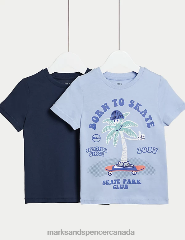 Marks and Spencer Canada - Kids Blue Mix Clothing Marks & Spencer 2pk Pure Cotton Skate & Plain T-Shirts 20VTD7850