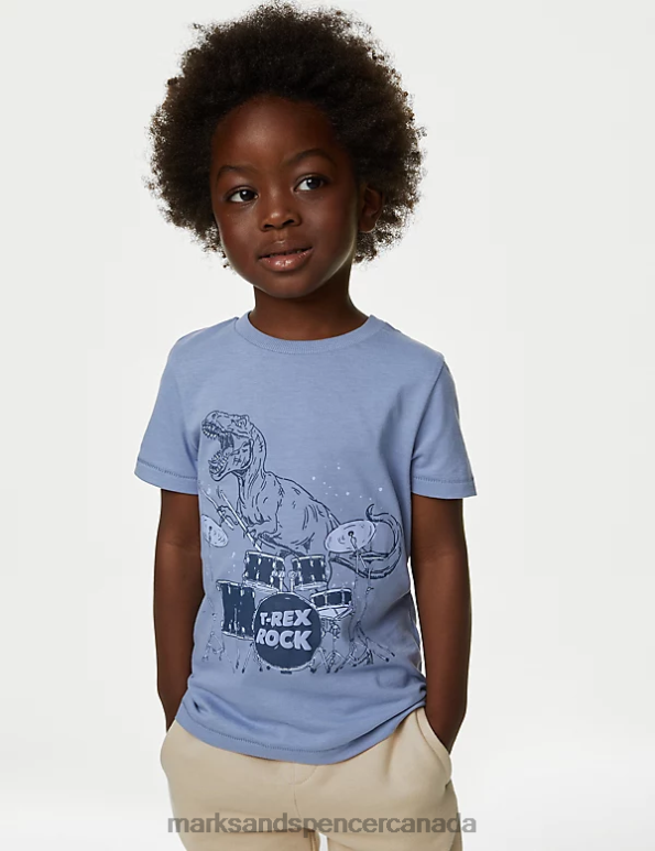 Kids Blue Mix Clothing Marks & Spencer Pure Cotton Dinosaur T-Shirt 20VTD7885 - Marks and Spencer online