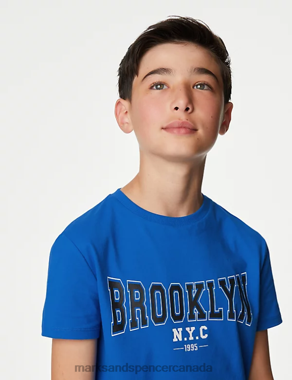 Kids Bright Blue Clothing Marks & Spencer Pure Cotton Brooklyn T-Shirt 20VTD8325 - Marks and Spencer online