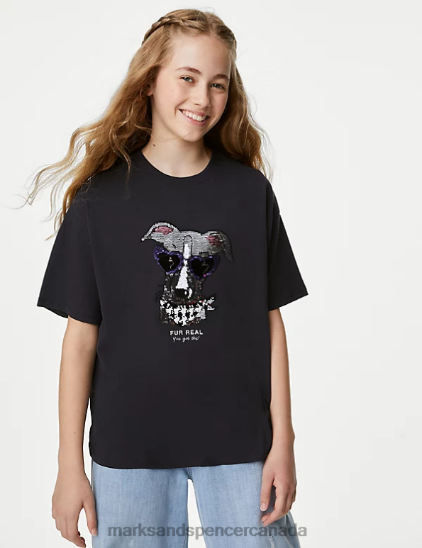 Kids Charcoal Clothing Marks & Spencer Pure Cotton Reversible Sequin Dog T-Shirt 20VTD8822 - Marks and Spencer online