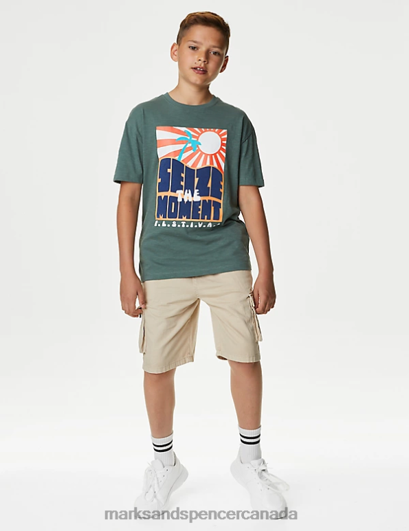 Marks and Spencer Canada - Kids Dark Sage Clothing Marks & Spencer Pure Cotton Festival Slogan T-Shirt 20VTD8517