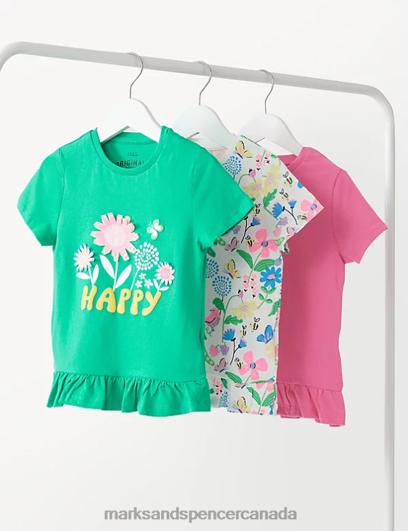 Marks and Spencer sale - Kids Green Clothing Marks & Spencer 3pk Pure Cotton Floral T-Shirts 20VTD8921