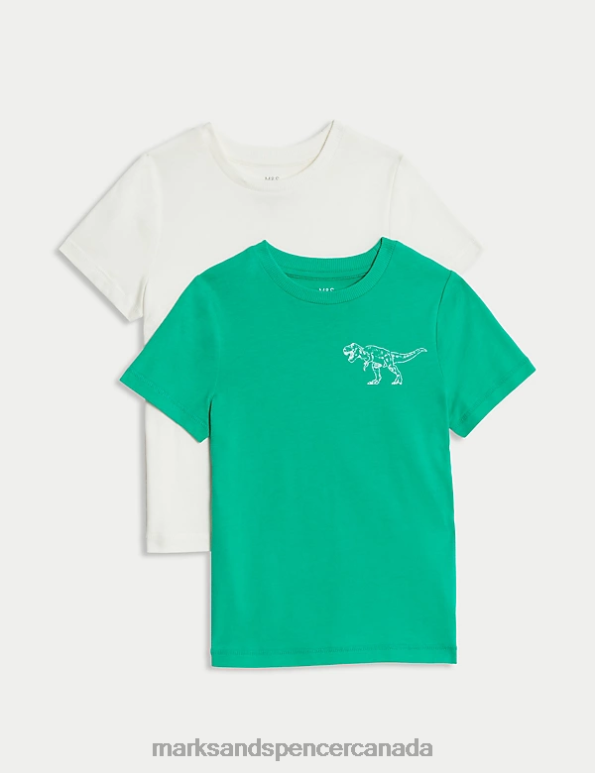 Kids Green Mix Clothing Marks & Spencer 2pk Pure Cotton Dinosaur T-Shirts 20VTD7889 - Marks and Spencer outlet