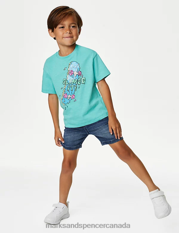 Kids Green Mix Clothing Marks & Spencer Pure Cotton Skate Print T-Shirt 20VTD8005 - Marks and Spencer outlet