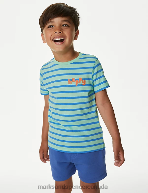 Marks and Spencer Canada - Kids Green Mix Clothing Marks & Spencer Pure Cotton Striped T-Shirt 20VTD8084