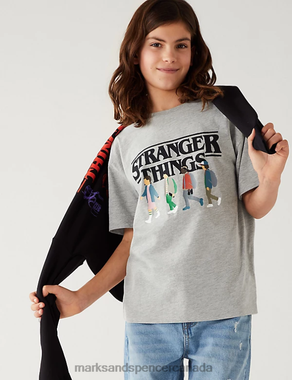 Marks and Spencer Canada - Kids Grey Marl Clothing Marks & Spencer Cotton Rich Stranger Things T-Shirt 20VTD8309