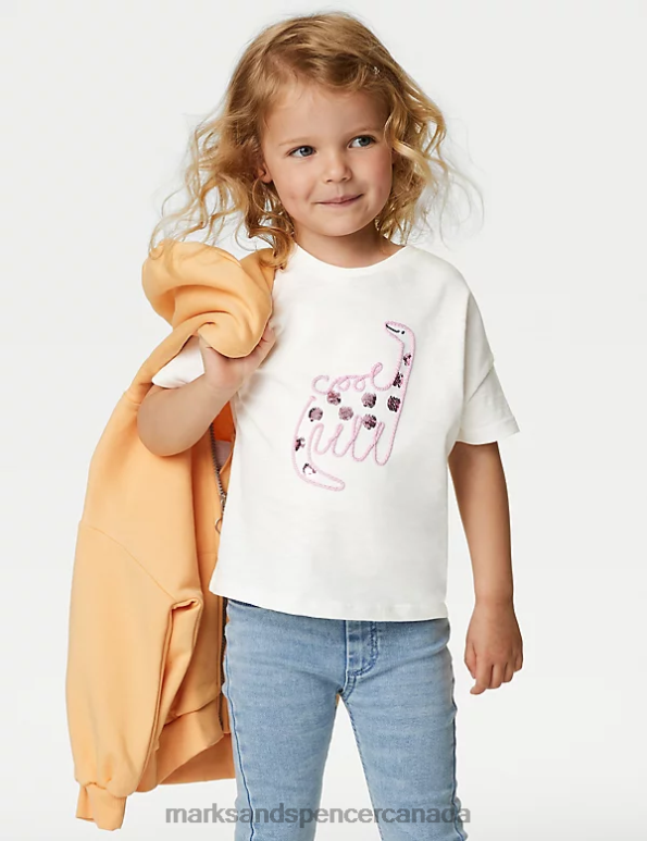 Kids Ivory Clothing Marks & Spencer Pure Cotton Sequin Dinosaur T-Shirt 20VTD8926 - Marks and Spencer online