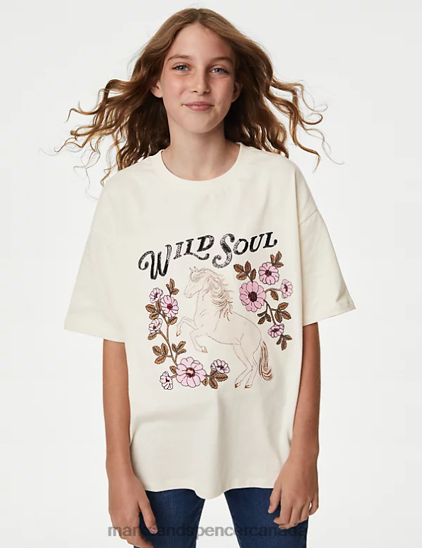 Marks and Spencer sale - Kids Ivory Clothing Marks & Spencer Pure Cotton Sequin Slogan T-Shirt 20VTD8801