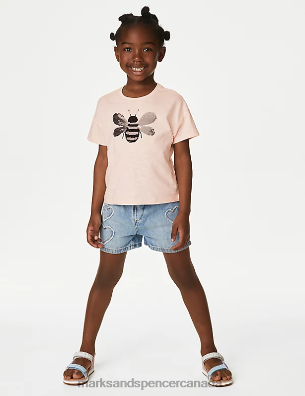 Marks and Spencer Canada - Kids Light Peach Clothing Marks & Spencer Pure Cotton Sequin Bee T-Shirt 20VTD8936