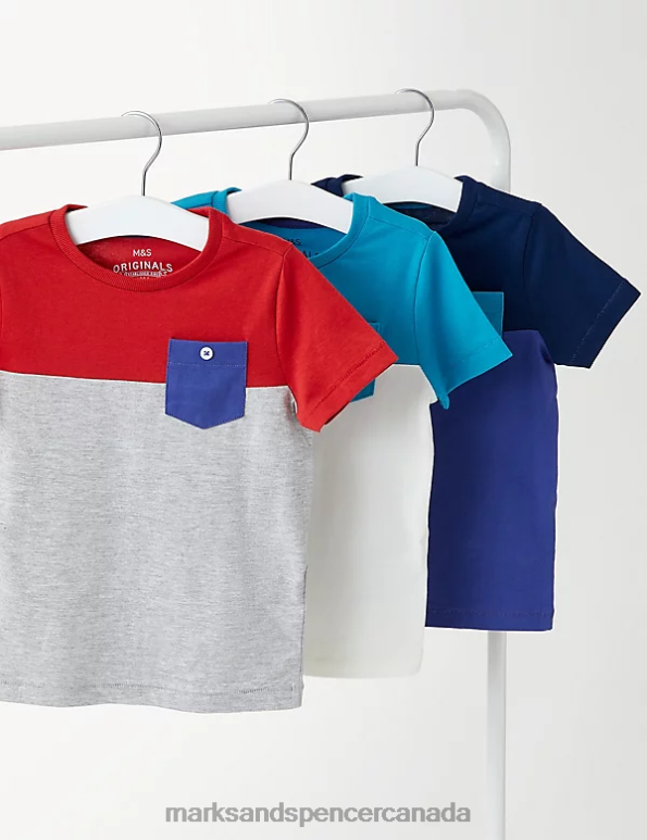 Marks and Spencer Canada - Kids Multi Clothing Marks & Spencer 3pk Pure Cotton Colour Block T-Shirts 20VTD8007