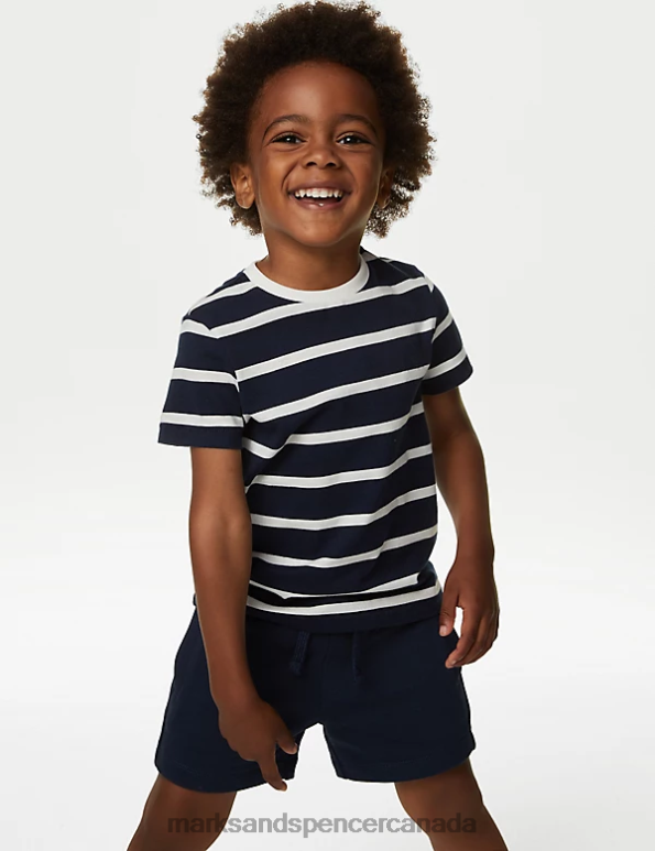 Kids Navy Mix Clothing Marks & Spencer Pure Cotton Striped T-Shirt 20VTD7983 - Marks and Spencer Canada locations